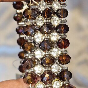 Brown Beaded Stretch Bracelet with White Rhinestones